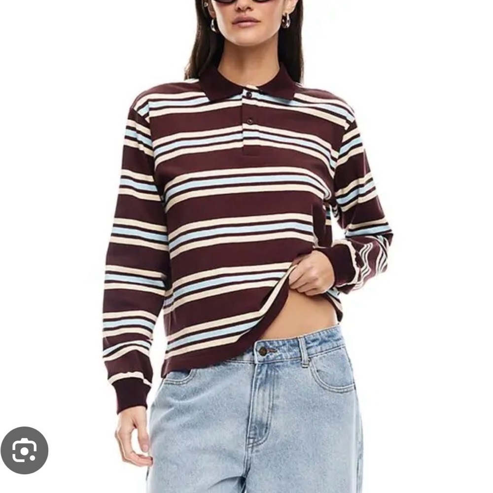 Lioness Burgundy and Cream Striped Long Sleeve Polo
